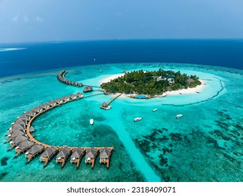 Aerial View, Maldives, North Malé Atoll, Indian Ocean, Thulhagiri Island Resort with Water Bungalows