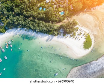 Aerial View Of Malibu Beach Chaloklum Bay From Top View At Phangan Island With With Light Fair, Thailand