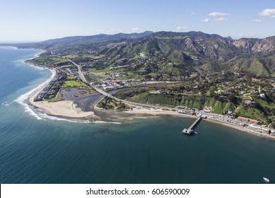 Aerial view of Malibu Pier and Surfrider Beach near Los Angeles, California.