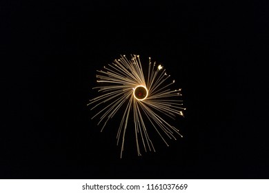 Aerial view of man spinning burning steel wool. Showers of glowing sparks from spinning steel wool. Drone view. - Powered by Shutterstock
