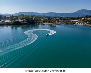 Aerial View Of Man Wakeboarding On Corfu