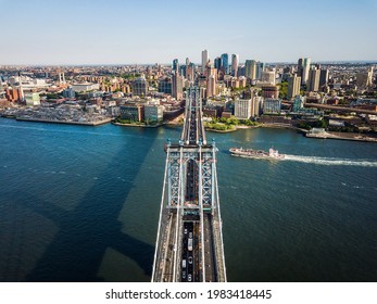 Aerial View Of Manhattan Bridge And Downtown Brooklyn On A Sunny Bright Day In New York City Downtown Area In The United States