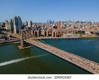 Aerial View Manhattan Of Brooklyn Bridge In New York City