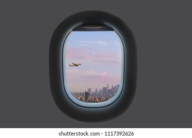  Aerial View Of Manhattan Downtown From Airplane Window.  New York City. USA