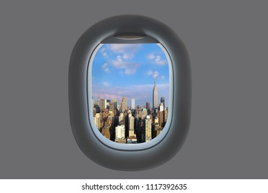  Aerial View Of Manhattan Downtown From Airplane Window.  New York City. USA 