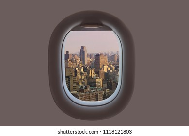 Aerial View Of Manhattan Downtown From Airplane Window.  New York City. USA