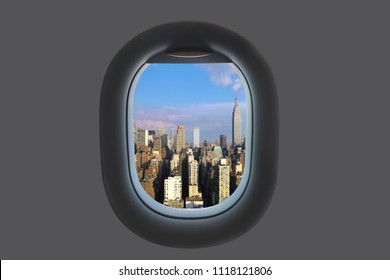 Aerial View Of Manhattan Downtown From Airplane Window.  New York City. USA