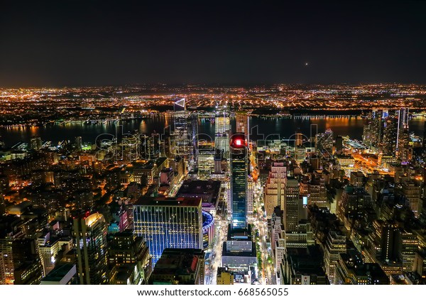 Aerial View Manhattan Midtown West Night Stock Photo (Edit Now) 668565055