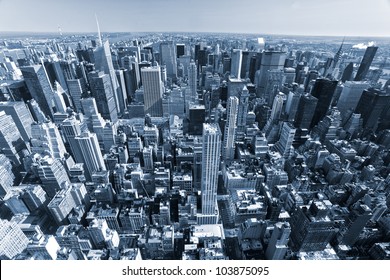 Aerial view of Manhattan, New York City. USA. Blue toned image.