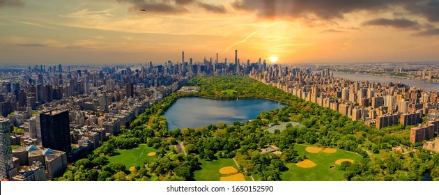 Aerial view of Manhattan New York looking south up Central Park during epic sunset over the city. - Shutterstock ID 1650152590