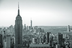 Aerial View Of Manhattan Skyline At Sunrise, New York City, USA. Black And White Style Image