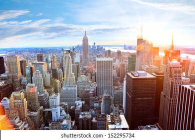 Aerial view of Manhattan skyline at sunset, New York City - Shutterstock ID 152295734