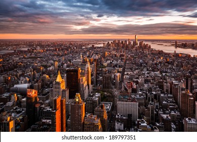 Aerial view of the Manhattan skyline at sunset
