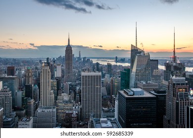 Aerial view of Manhattan Skyline at sunset - New York, USA - Shutterstock ID 592685339