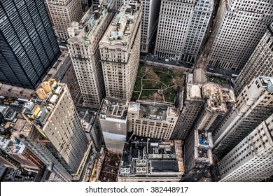 Aerial view to Manhattan skyscrapers in Downtown financial district