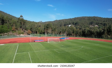 Aerial View Of The Manuela Machado Municipal Stadium, Nearby Viana Do Castelo, Portugal. Consisting Of A Stadium Football Field With Synthetic Turf And An Athletics Track With Ten Tracks.