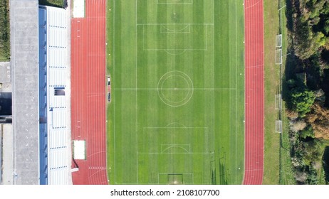 Aerial View Of The Manuela Machado Municipal Stadium, Nearby Viana Do Castelo, Portugal. Consisting Of A Stadium Football Field With Synthetic Turf And An Athletics Track With Ten Tracks.