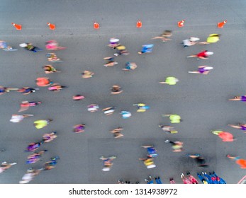 Aerial View Of Marathon Runners On The Road