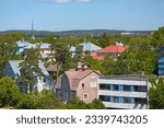 Aerial view of Mariehamn in Aland with the spire of St. George church (S:t Görans kyrka) in the background.