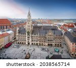 Aerial view of Marienplatz Square and New Town Hall (Neues Rathaus) at sunset - Munich, Bavaria, Germany