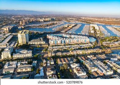 Aerial view of the Marina del Rey seaside community in Los Angeles