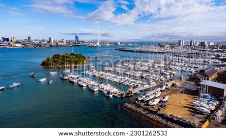 Aerial view of the Marina of Gosport behind Burrow Island in Portsmouth Harbor in the south of England on the Channel coast