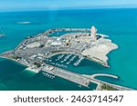 Aerial view of Marina Mall, Marina Village and Boats and Houses in Abu Dhabi, UAE