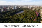 Aerial View of Maringa, Cathedral and downtown. Several buildings.