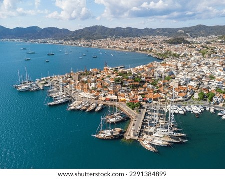 Aerial view of Marmaris. The port city is a popular tourist destination in the Turkish Riviera.