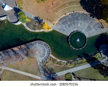 Aerial view of Marshall Park fountain and pond in Charlotte, North Carolina, USA