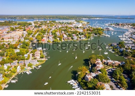 An aerial view of the Maryland harbor with ships and boats in Annapolis, Maryland, United States