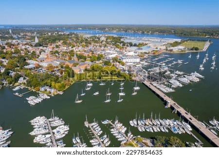 An aerial view of the Maryland harbor with ships and boats in Annapolis, Maryland, United States