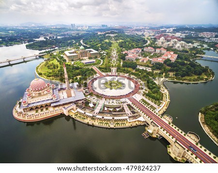 Aerial view of Masjid Putra, or Pink Mosque, in Putra Jaya, near Kuala Lumpur, Malaysia.