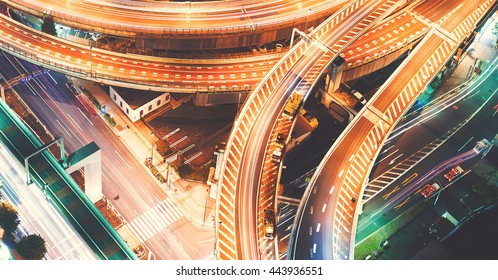 Aerial View Of A Massive Highway Intersection At Night In Shinjuku, Tokyo, Japan