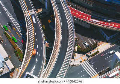 Aerial View Of A Massive Highway Intersection At Night In Shinjuku, Tokyo, Japan