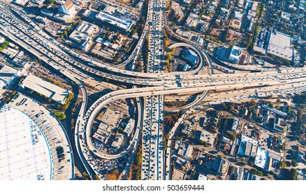 Aerial view of a massive highway intersection in Los Angeles