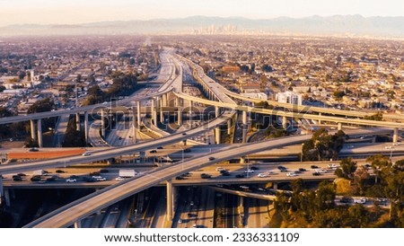 Aerial view of a massive highway intersection in Los Angeles. Aerial view of complex highway interchange in Los Angeles California.