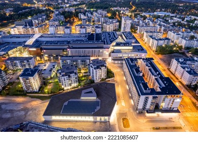 Aerial View Of The Matinkyla Neighborhood Of Espoo, Finland. Modern Nordic Architecture. Solar Panels On The Roof Building.