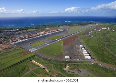 Aerial View Of Maui, Hawaii Airport With Pacific Ocean.