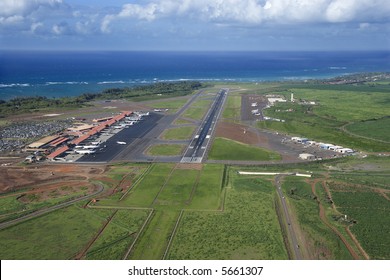 Aerial View Of Maui, Hawaii Airport With Pacific Ocean.