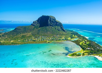 Aerial view of Mauritius island and Le Morne Brabant mountain with beautiful blue lagoon and underwater waterfall illusion  - Shutterstock ID 2222482287