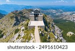 Aerial view of the Mausoleum of Njegoš on top of Mount Lovćen in the Lovćen National Park near Cetinje in Montenegro