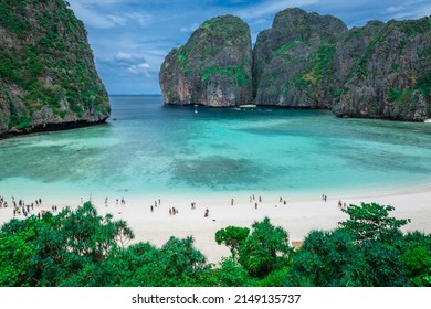 Aerial view of Maya bay. Maya Bay is the crown jewel of Phi Phi Islands in southern Thailand. It is situated in the Hat Noppharat Thara – Mu Ko Phi Phi National Park in Thailand. - Shutterstock ID 2149135737