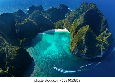 Aerial view of Maya bay in Phi phi island, Thailand. - Shutterstock ID 2284053829