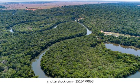 Luftsicht auf einen verschwimmenden Amazonas-Nebenfluss, landwirtschaftliche Flächen am Horizont Amazonas Regenwald, San José do Rio Claro, Mato Grosso