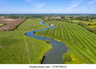 Aerial View Of Meandering River Thames Near Source ,Lechlade, England