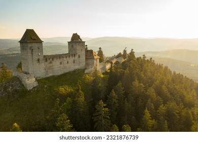 Aerial view of medieval Kasperk castle in a sunny day in South Bohemia, Sumava, Czech Republic. 