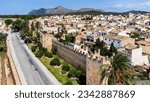Aerial view of the medieval ramparts of the fortified city of Alcudia on the Balearic island of Majorca (Spain) in the Mediterranean Sea