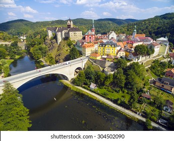 Aerial view of medieval town Loket nad Ohri nearby Karlovy Vary spa in Czech Republic. Central Europe. 