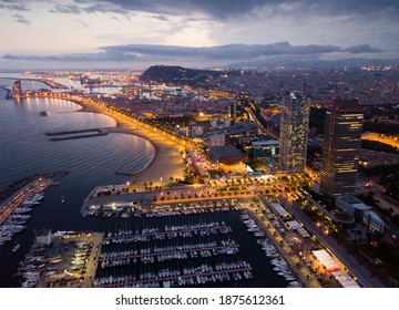 Aerial view of Mediterranean coast in Barcelona in night lights - Powered by Shutterstock